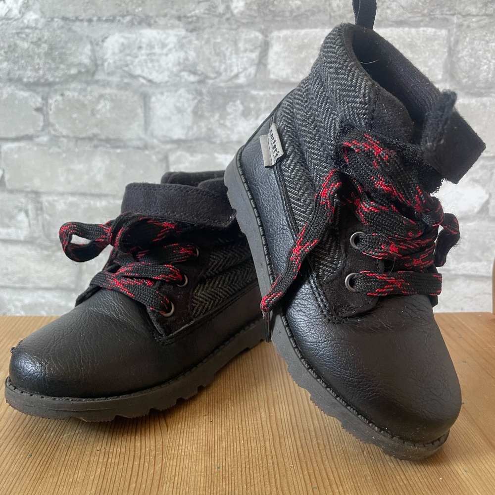 Carters black and red boots. Comfy and perfect for holidays! One toe scuff mark.
